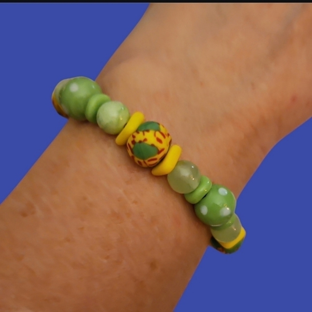 HANDMADE African Trade Ceramic Jade Czech Glass Easter Beaded Toggle Bracelet